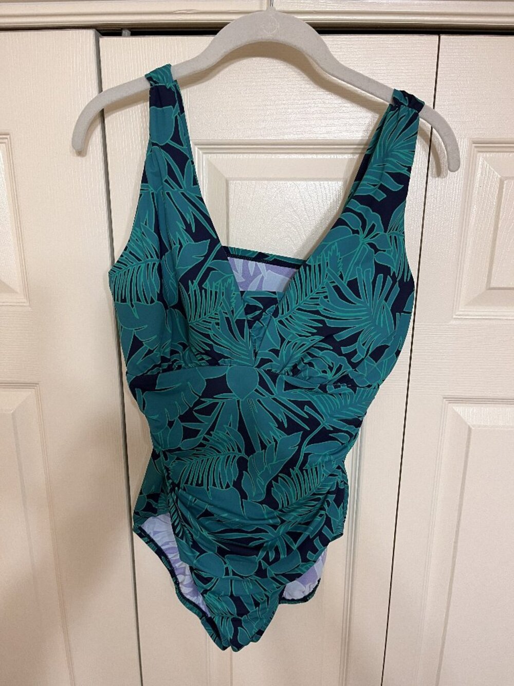 LANDS’ END Teal Blue Tropical Palm One Piece Swimsuit Sz 14 Ruched V-Neck